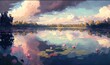Serene Pond Landscape with Water Lilies and Sunset Sky Generative AI