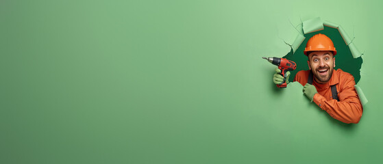 Excited man in orange workwear holding a drill, bursting through a green paper background