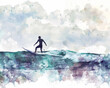 © Lana - Surfer on a wave. Watercolor painting. Digital illustration.