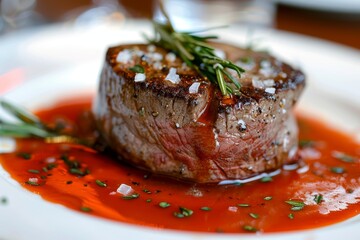 Sticker - Tender steak with red sauce on set table