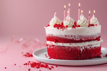 Sticker - Text space available behind pink background with homemade red velvet cake and candles