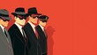 Silhouetted against a stark red background, a lineup of sleek agents in classic black suits and sunglasses emanates an air of mystery and cool, calculated precision.