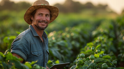 Wall Mural - Research or agriculture man on tablet on farm for sustainability, production or industry growth analysis. Agro, happy or farmer on countryside field for weather, checklist or data search in Texas