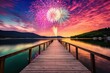 a dock with fireworks over water