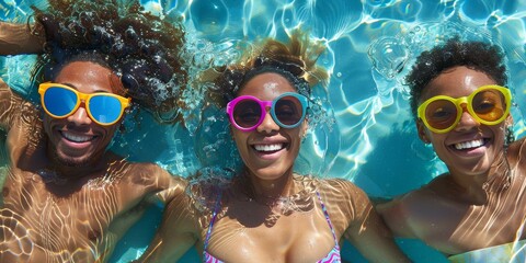 Three joyful African American friends wearing colorful sunglasses in pool, sunny summer vibes, vibrant blue water.
