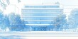 © BrightWhite - Architectural blueprint of modern office building, blue and white tones, with trees, no people, front view. Copy space.
