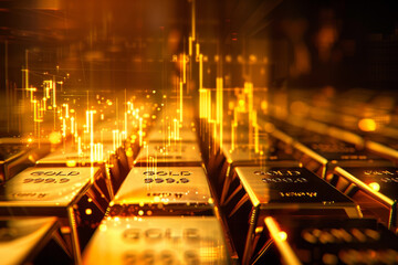 Poster - A close up of gold bars with a graph of numbers above them