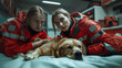 Paramedics with concerned expressions attend to golden retriever, emergency care in action. Intensity of their focus underscores importance of animal rescue services
