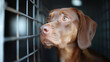 Hopeful brown dog gazes out from behind cage bars. Soft light highlights contemplative expression