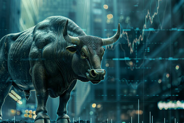Poster - A bull with horns is standing in front of a graph. The bull is looking at the graph, and the graph is showing a downward trend. Scene is serious and focused