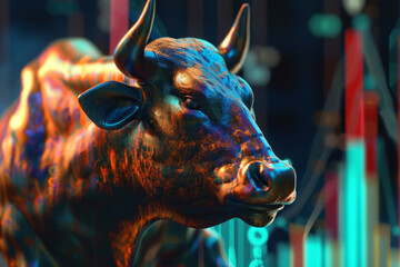 Poster - A bull is running down a city street with a sign behind it that says 