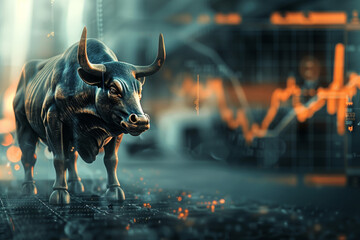 Poster - A bull statue stands in front of a chart with a lot of red and yellow lines. The bull statue is surrounded by a lot of numbers and lines, which gives the impression of a busy and chaotic market