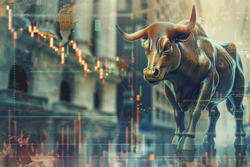 Poster - A bull is standing in front of a building with a lot of numbers and lines. The bull is looking at the camera and he is focused on something. The image has a sense of intensity and focus