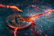 A close up of a Bitcoin coin with a slash through it. The image has a dark, moody atmosphere with a sense of destruction and chaos