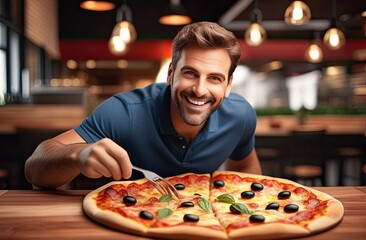 Wall Mural - Man smiling while eating Californiastyle pizza at table with plate
