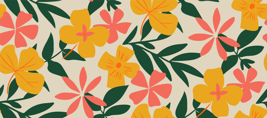 Wall Mural - Simple minimalistic summer tropical floral seamless pattern