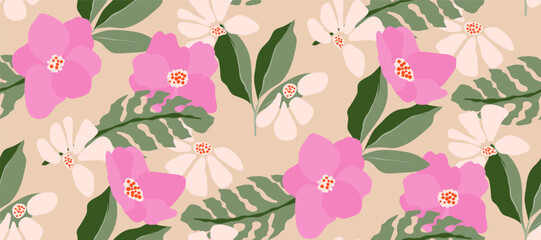 Wall Mural - Simple minimalistic summer tropical floral seamless pattern