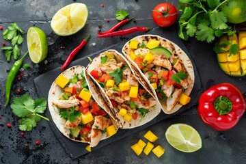 Wall Mural - Mexican chicken tacos with veggies and mango served on slate board with mango salsa Top view