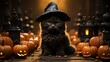 Spooky Black Cat on Halloween Night Generative AI