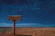 An old-fashioned mailbox stands alone in a barren landscape desert under a sky filled with unfamiliar stars, offering a surreal touch of earthly normalcy.