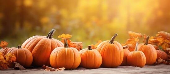 Fototapete - Pumpkins scattered on foliage-covered table