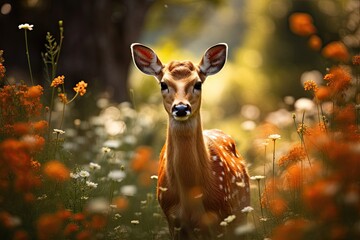 Wall Mural - Deer in grassy field with flowers, gazing at camera