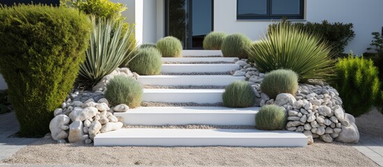 Stone steps lead to modern white house with cactus garden