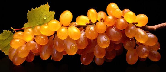 Poster - Close-up grapes bunch leaves black background