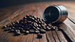 small pile of coffee beans on a rustic wooden table, soft, warm light. 