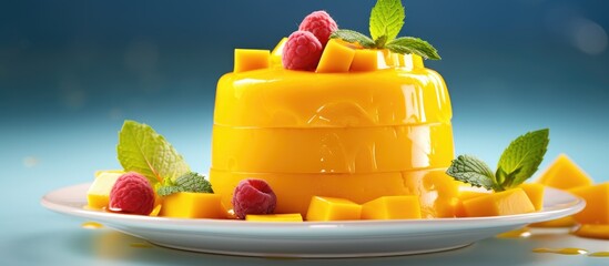 Leinwandbilder - Mango raspberry dessert on plate