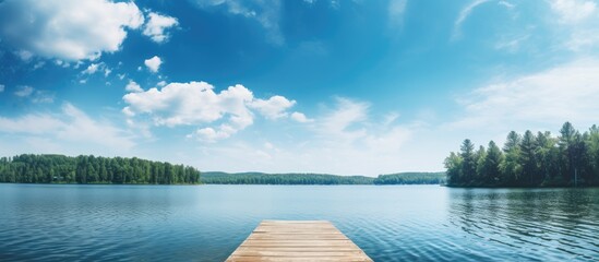 Fototapete - Scenic lake dock amidst lush forest backdrop
