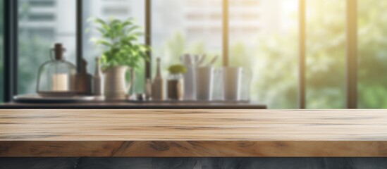 Poster - Wooden table with office building backdrop