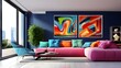 A modern living room with a blue accent wall, colorful furniture, and large windows.