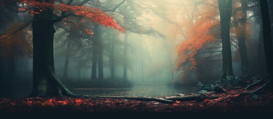 Poster - Autumn tree foliage river scene