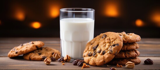 Fototapete - Glass of milk and cookies next to a pile of raisins