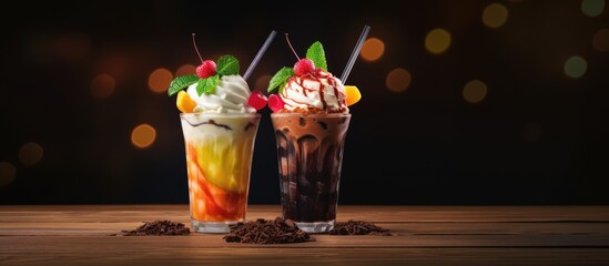 Poster - Two ice cream glasses with chocolate milk, strawberries, and cherries