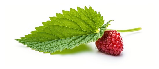 Poster - Closeup of a raspberry with leaf on white