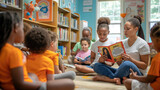 Fototapeta  - Young Teacher Reading to Diverse Group of Children in Library Setting