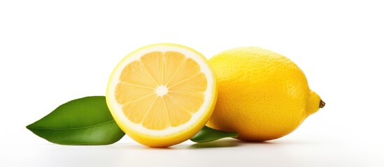 Wall Mural - Half a Meyer Lemon with Leaves on White Background