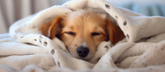 Aufkleber - Dog sleeps cozy under blanket on bed