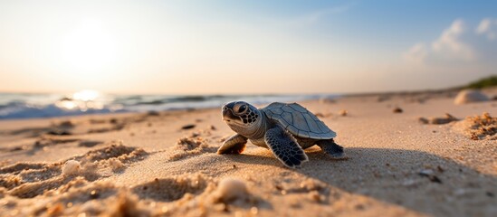 Poster - A baby tortoise moves across sandy shoreline