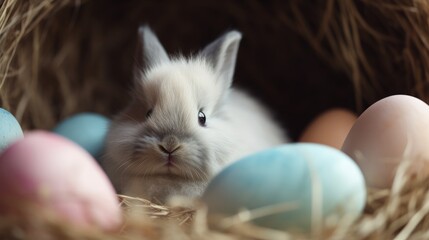 Adorable Easter Bunny Resting in Pastel Egg Nest Generative AI