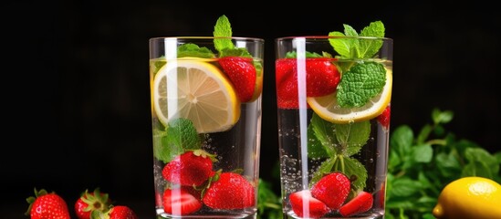 Leinwandbilder - Two glasses of strawberry lemon mint infused water on dark background