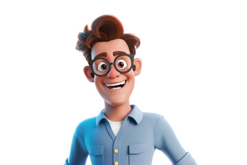 Happy smiling cartoon character adult man person portrait wearing blue shirt and big glasses in 3d style design on light background. Human people feelings expression concept
