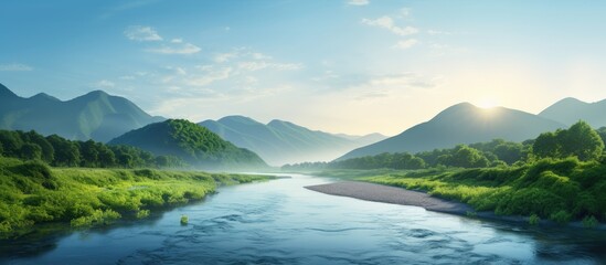 Canvas Print - A river flows through a green valley