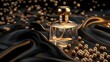 Realistic 3D modern illustration of a perfume bottle on a silk fabric background with gold liquid and scattered pearls. A mockup of a fragrance package and a beauty cosmetic banner with gold liquid