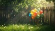 A sunlit garden scene where a gentle breeze stirs colorful balloons tied to a rustic wooden fence, casting playful shadows on the lush green grass below.

