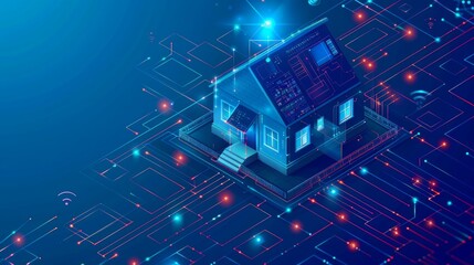 Poster - Concept of smart home technology. Isometric illustration of round intelligent station on a blue background.