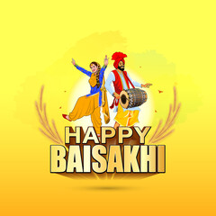 Wall Mural - Punjabi sikh family dance party and celebraation background with Happy Baisakhi typography.