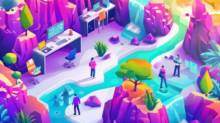 Fototapete - digital agency banner. social media promotion and advertising strategy with isometric workers, compu